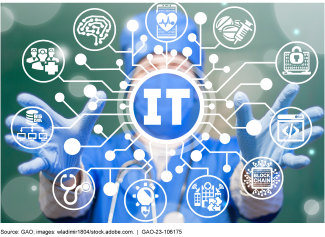 A medical professional reaching towards various healthcare-related IT icons.