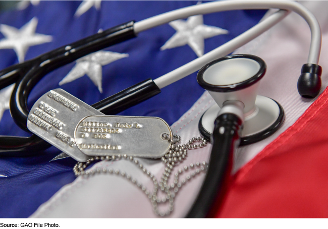 Picture of a stethoscope and military identification tags placed on top of an American flag. Picture of a stethoscope and military identification tags placed on top of an American flag.