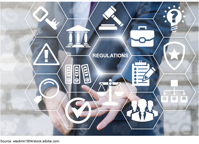 A photo of a person in a business suit in the background, with icons of various regulations illustrated in the foreground. 
