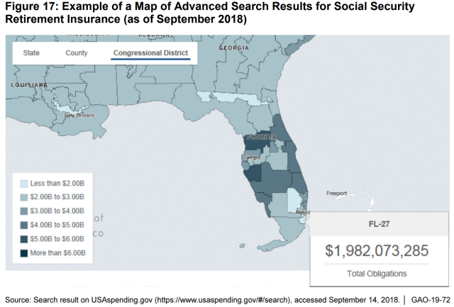 Image showing example of a map of advanced search results for Social Security retirement insurance (as of September 2018)