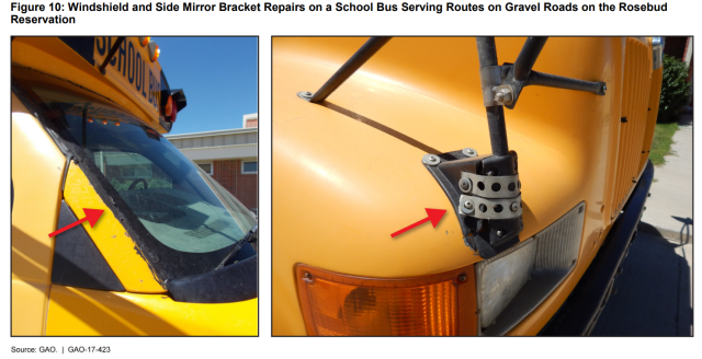 Figure Showing Windshield and Side Mirror Bracket Repairs on a School Bus Serving Routes on Gravel Roads on the Rosebud Reservation