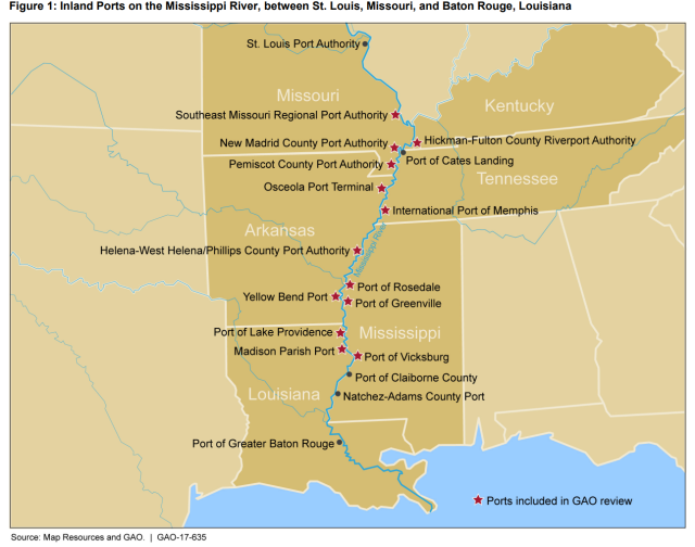 Figure showing Inland Ports on the Mississippi River, Between St. Louis, Missouri, and Baton Rouge, Louisiana