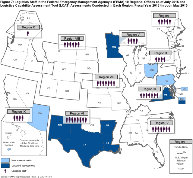 Logistics Staff in the Federal Emergency Management Agency’s (FEMA) 10 Regional Offices as of July 2015 and Logistics Capability Assessment Tool (LCAT) Assessments Conducted in Each Region, Fiscal Year 2013 through May 2015