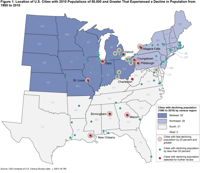 Figure 1: Location of U.S. Cities with 2010 Populations of 50,000 and Greater That Experienced a Decline in Population from 1980 to 2010