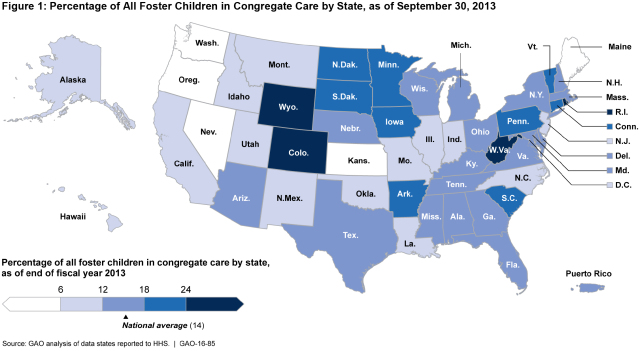 Percentage of Foster Children in Congregate Care by State (Sept. 30, 2013)