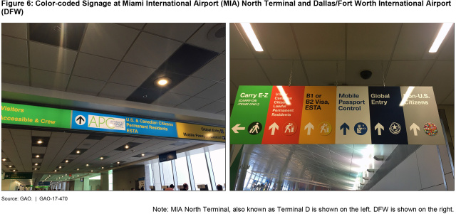 Figure 6: Color-coded Signage at Miami International Airport (MIA) North Terminal and Dallas/Fort Worth International Airport (DFW)