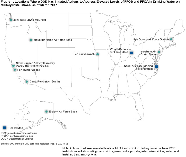 Figure 1: Locations Where DOD Has Initiated Actions to Address Elevated Levels of PFOS and PFOA in Drinking Water on Military Installations, as of March 2017
