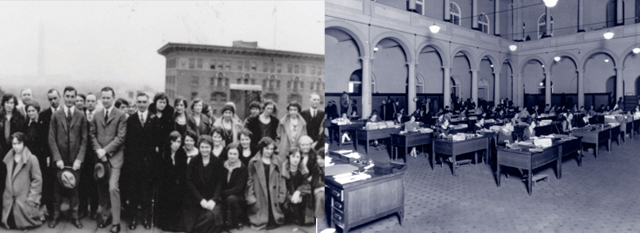 GAO employees refraining from boisterous conduct, 1925 (Washington Monument just visible in the back left); and in the Great Hall of the Pension Building, GAO’s then-headquarters (now the National Building Museum), late 1920s