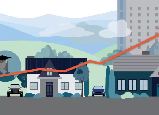 Illustration showing icons for graduation, homeownership and a line graph shooting up indicating growing costs.