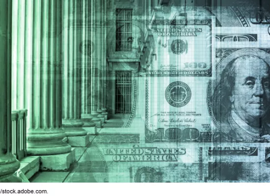 Illustration showing the U.S. $100 bill, congressional-looking columns blended over each other in green and black.