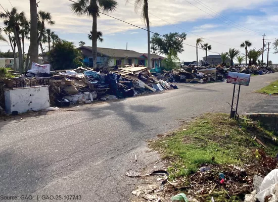 Photo showing debris stacked up on a neighborhood road with houses in the background. Photo taken in 2024 after Hurricanes Milton and Helen hit Florida.