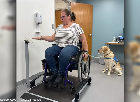 Image of a person using a wheelchair being weighed on a scale specifically made for wheelchair users.