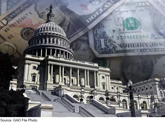 Illustration showing Congress in the foreground and money in the background where clouds should be.