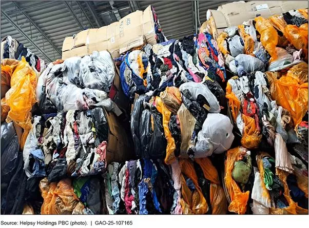 An image of multiple large boxes of discarded clothing and textiles.