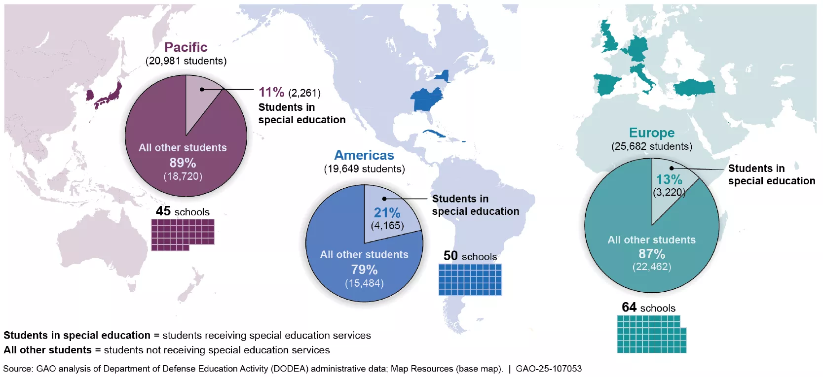Global map showing the locations of DOD schools, number of students in those areas, and the number of students who need special education supports (between 11% and 21%).