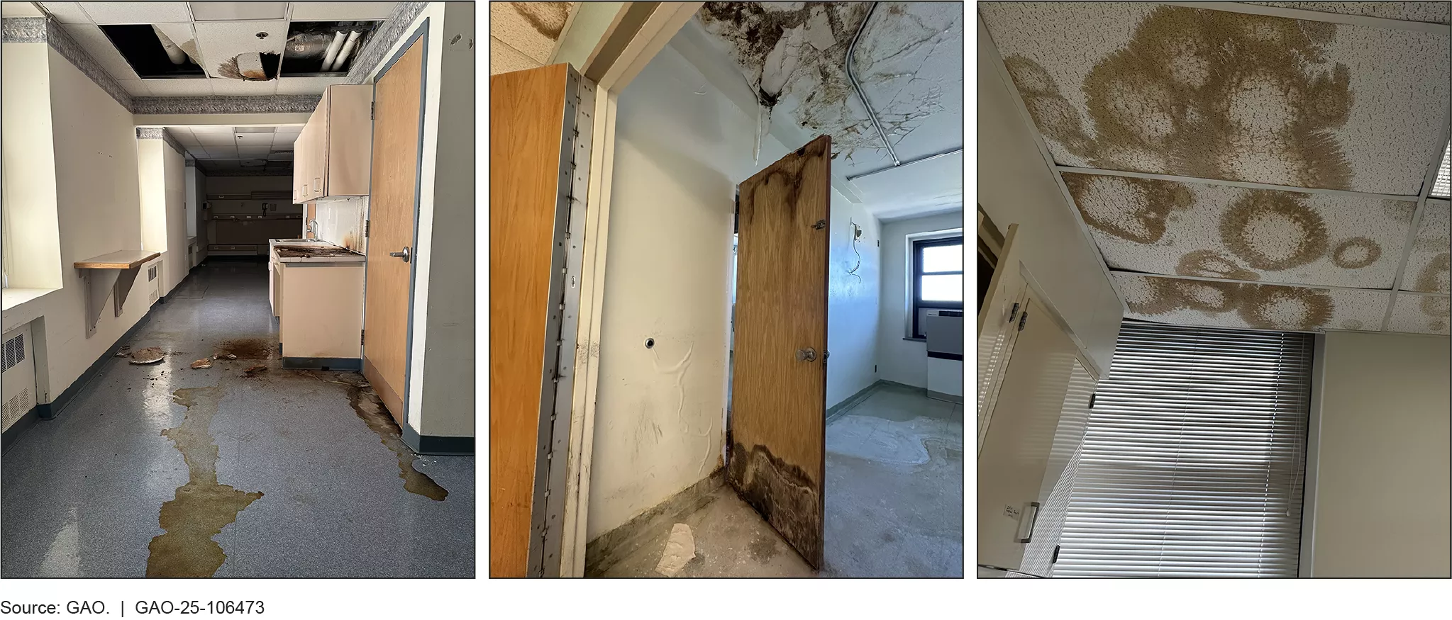 Three images show examples of hospital infrastructure in disrepair, 22 months after closure. Left shows a hallway with water damage on the ceiling and floor. Middle shows water damage on a door and ceiling. Right shows water damage on a ceiling.