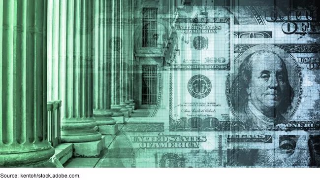 Illustration showing the U.S. $100 bill, congressional-looking columns blended over each other in green and black.