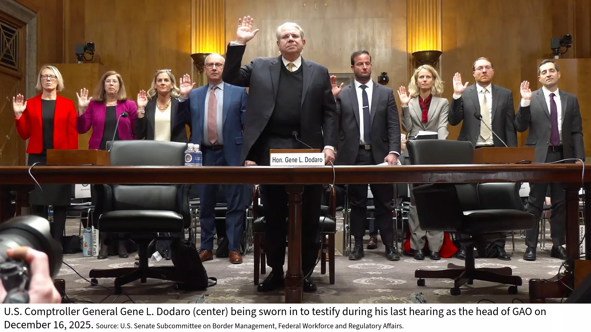 Photo of Comptroller General and Head of GAO Gene L. Dodaro being sworn in during his last congressional testimony in December 2025.