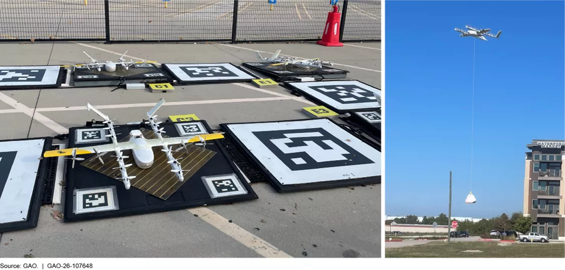 Image on left shows a drone sitting on a launch pad preparing to make a delivery. Image on right shows a drone in flight making a delivery and carrying a bag full of items.