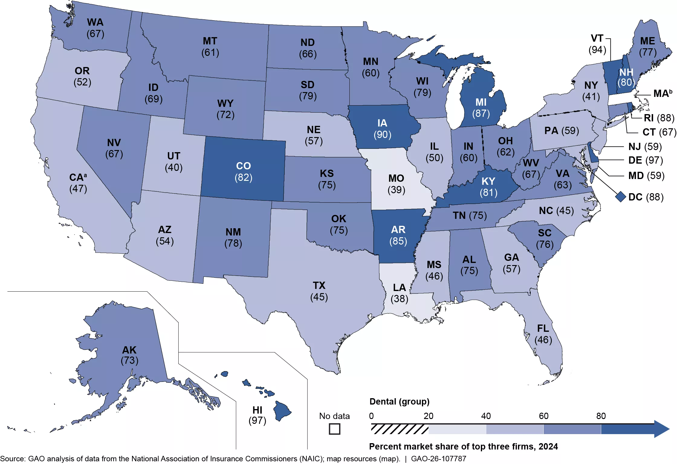 Map showing combined share, by state, for the three largest stand-alone dental insurers in the group-plan market