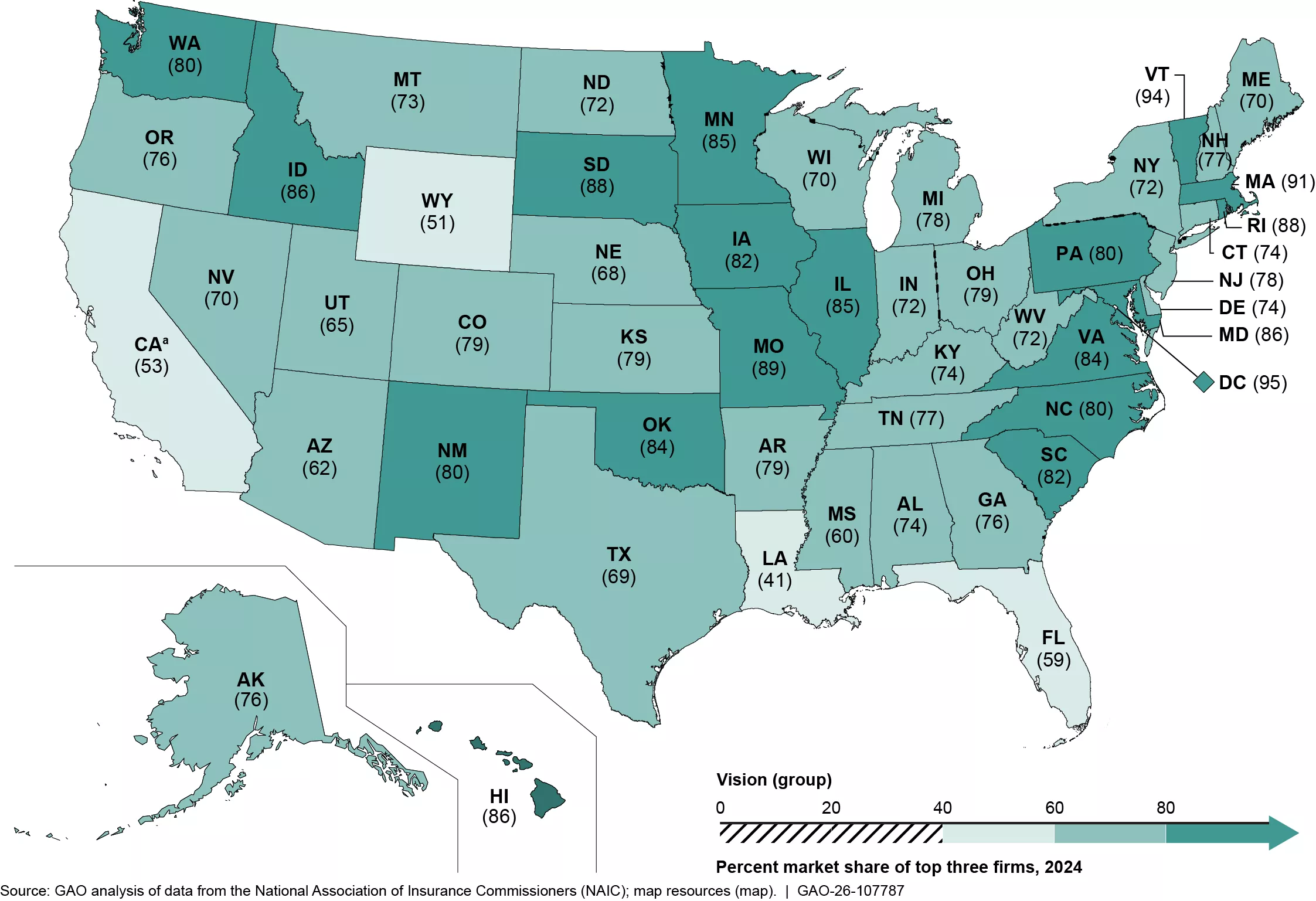 Map showing combined share, by state, for the three largest stand-alone vision insurers in the group-plan market (2024)