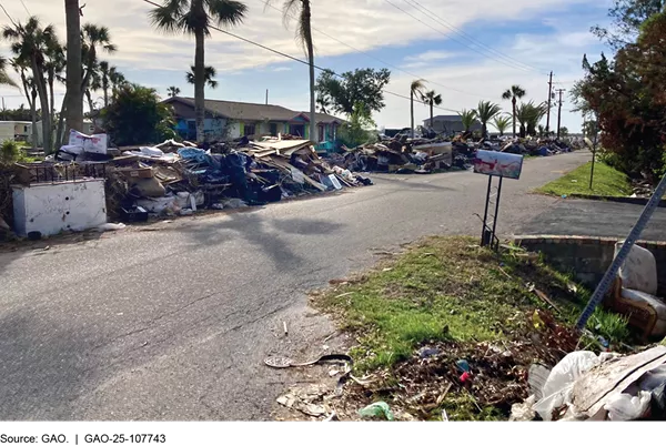 Photo showing a Florida neighborhood after Hurricanes Helen and Milton in 2024. The streets have stacks of debris that needs removed.
