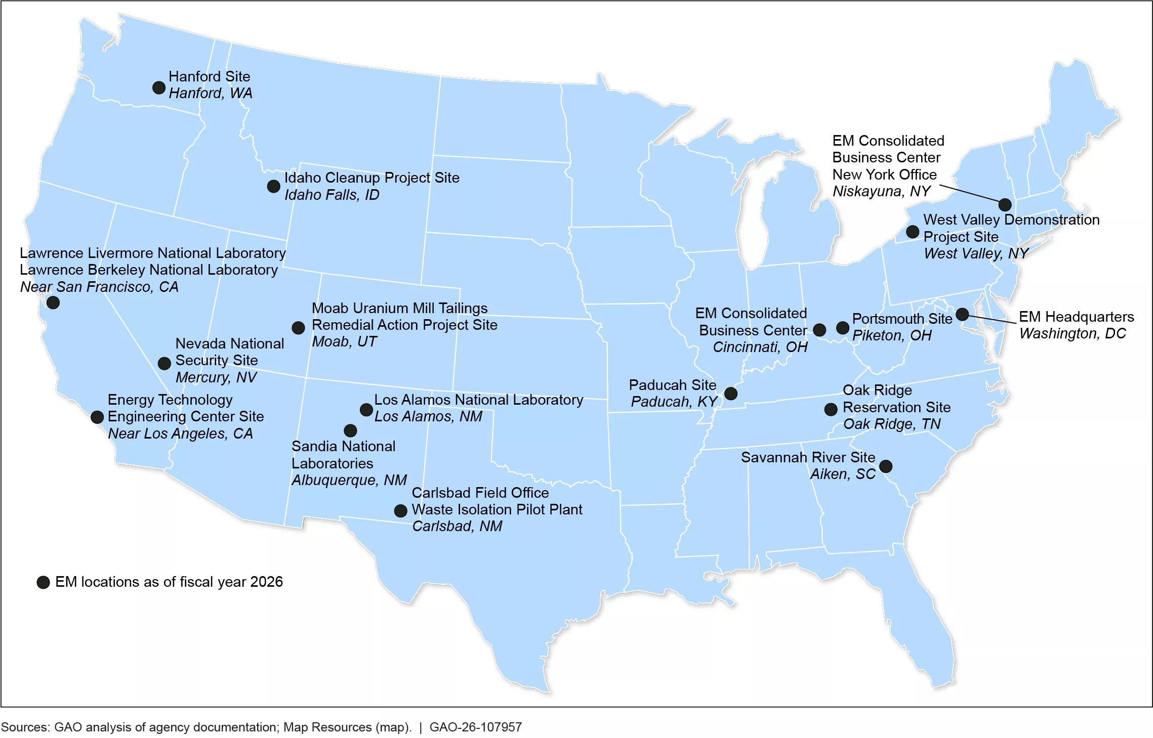 A map of the contiguous United States, showing where nuclear cleanup sites are located