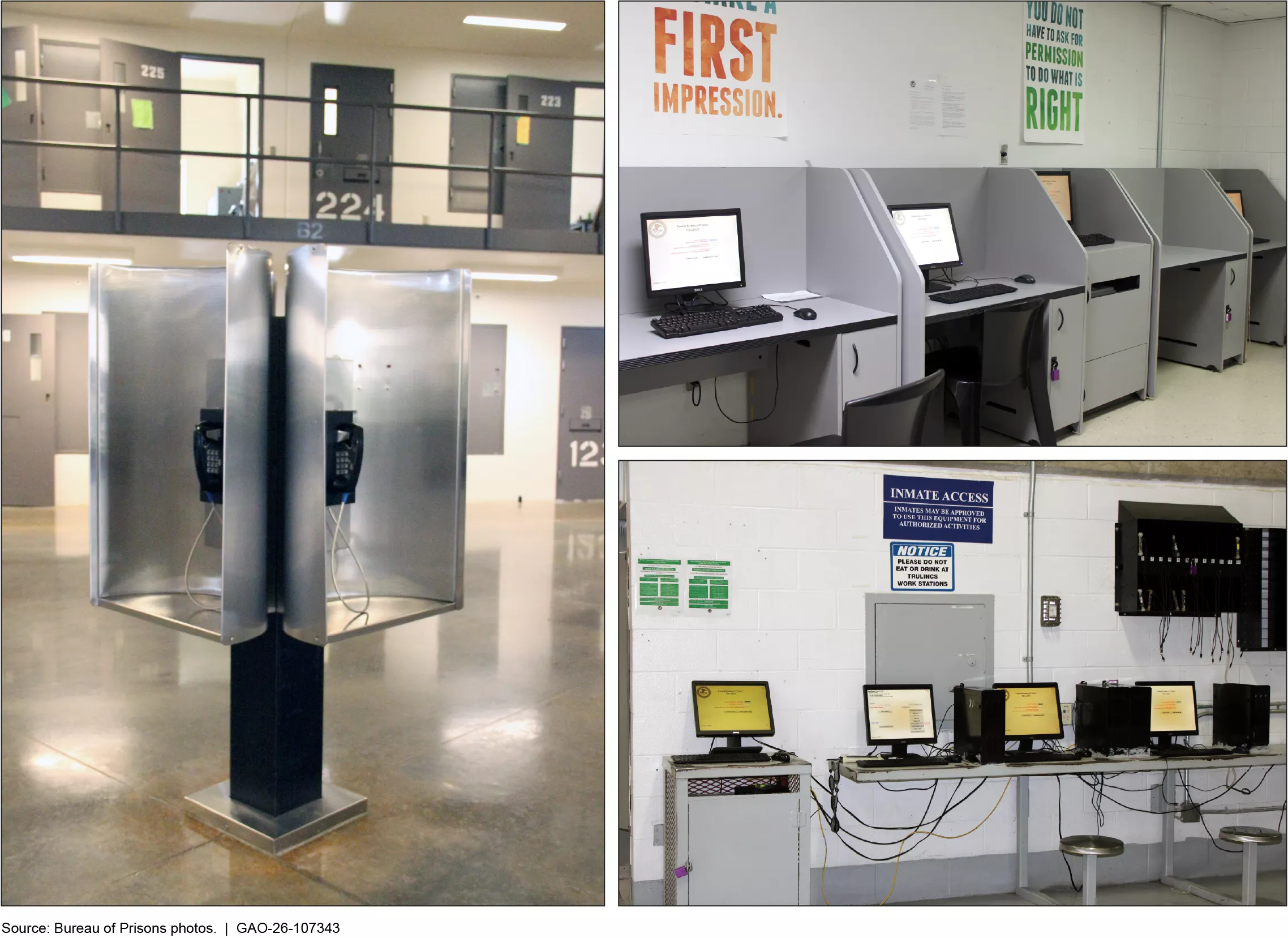Images of phones and computer bays in a prison facility.