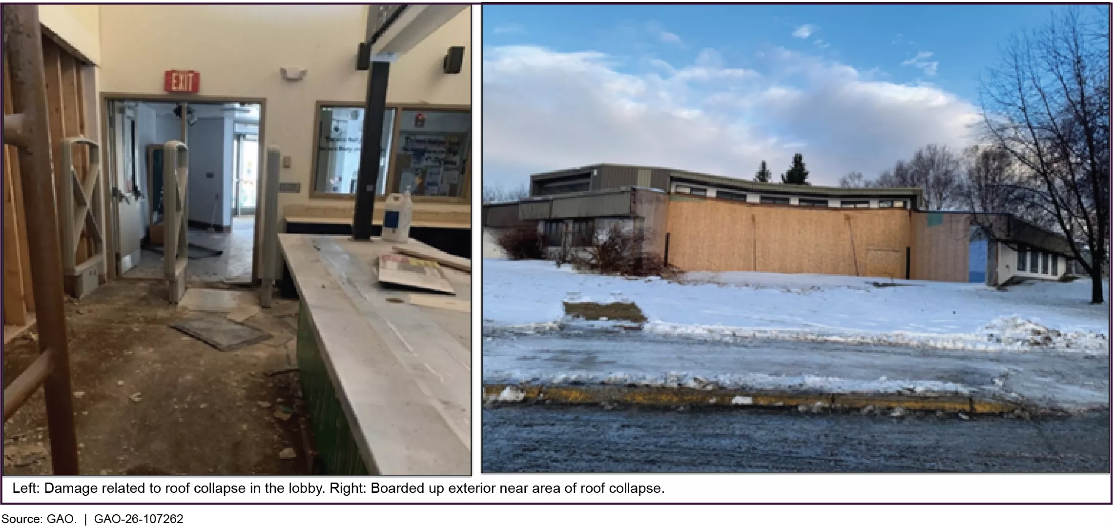 A photo of a damaged lobby to a library and a photo of the exterior of a library which is boarded up.