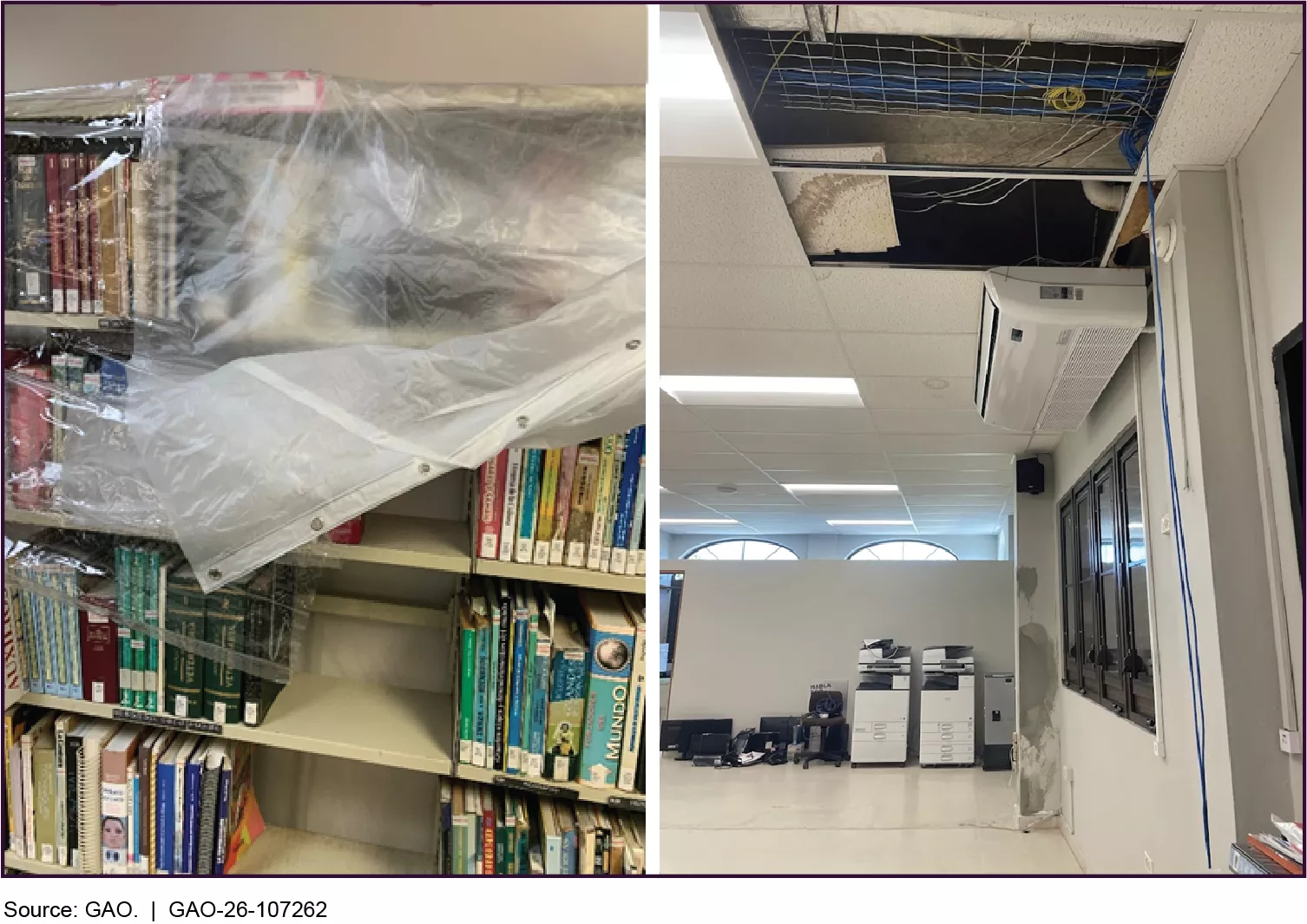 A photo showing shower curtains being used to protect books from water damage and a photo showing a damaged air conditioner unit.