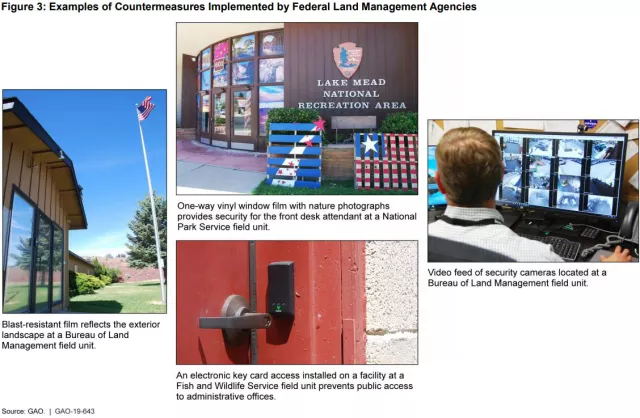 photo collage of undesirable events that include arson, active shooter, explosive devices, and vandalism