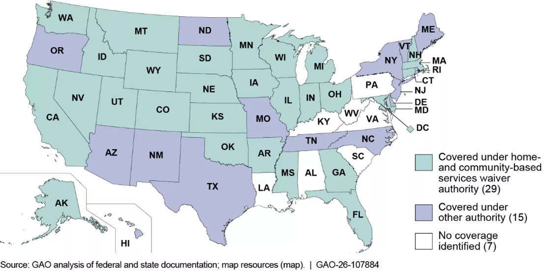 A map of the United States showing coverage, by state, of assisted living through federal funds.