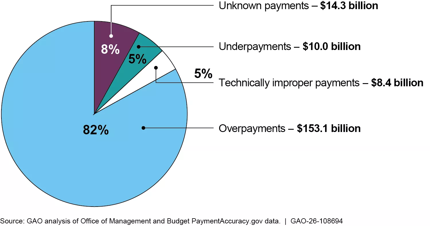 A pie chart breaking down federal agencies' fiscal year 2025 improper payments by type.