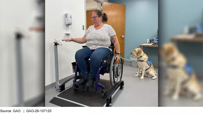 A patient in a wheelchair using a medical scale made for wheelchairs.