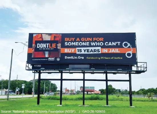 A photo of a billboard instructing viewers not to buy a gun for somebody who can't, or face up to 15 years in prison.