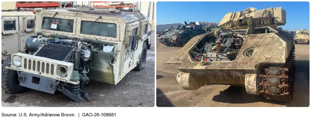 Side-by-side photos showing the conditions of a Humvee (left) and Bradley Tank (right) Upon Arrival at Red River Depot, Texas 