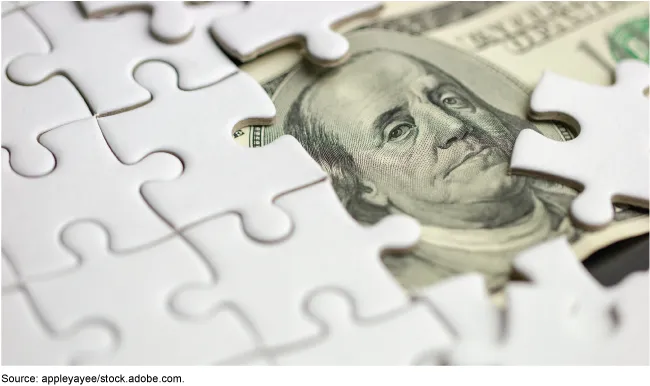 A 100-dollar bill beneath an incomplete jigsaw puzzle.