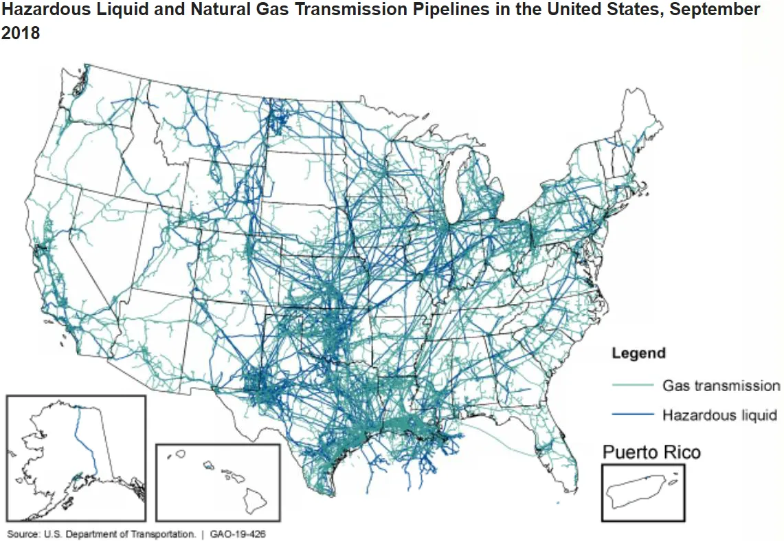 This map of the United States shows the massive network of pipelines.