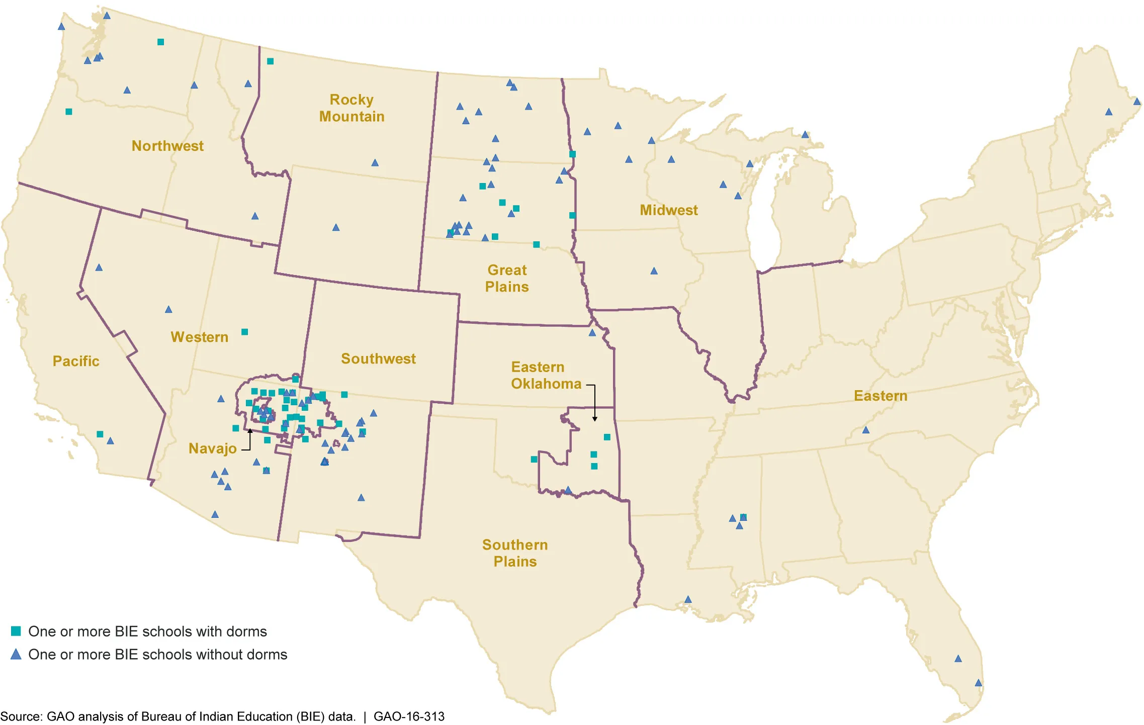 Figure 1: Locations of Bureau of Indian Education Schools by Bureau of Indian Affairs Region
