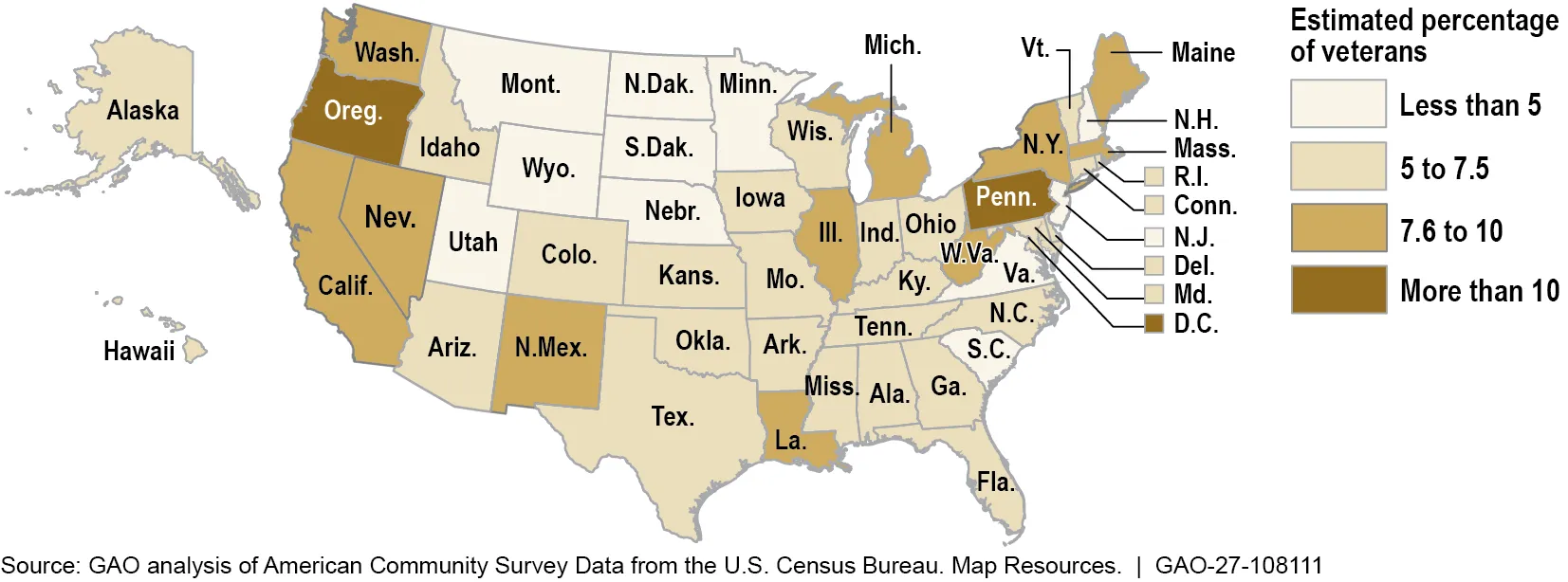 Map of the United States showing the estimated percentage of households with Veterans that are enrolled in SNAP