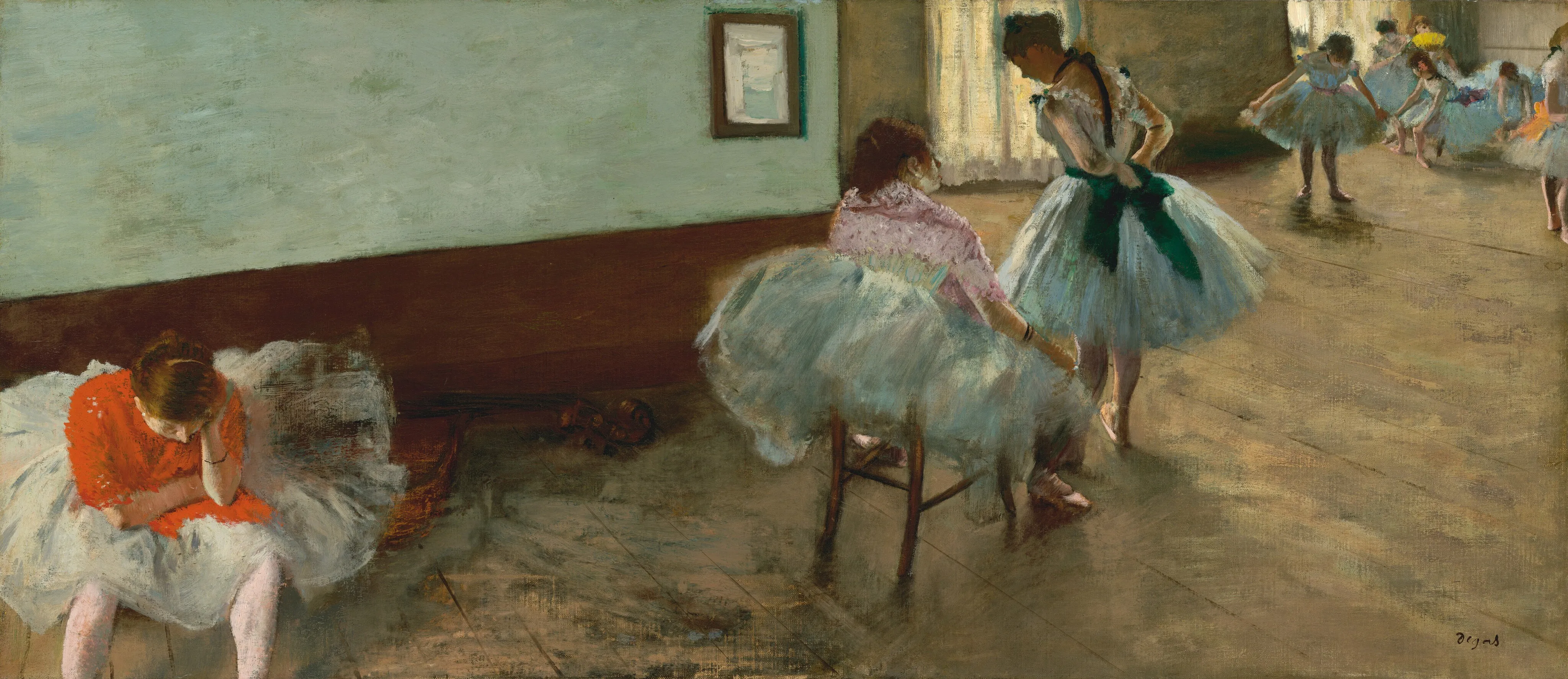 A long, brightly lit room is filled with at least nine young ballerinas in robin’s egg-blue dance costumes and pale pink shoes in this wide, horizontal painting. They all have light skin and brown or dark blond hair. The studio is lit from the left, and more light pours in through two windows toward the back. The wall closest to us is mint green with brown wainscoting covering the lower half, and a small mirror hanging a short distance down the wall. The walls of the space farther from us and the scuffed, w