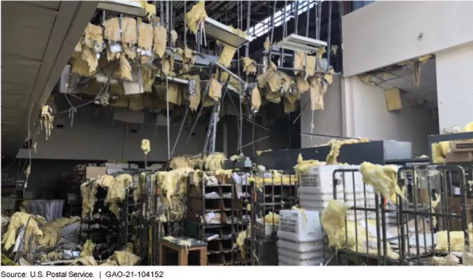 Photo showing damage at a USPS building after Hurricane Michael