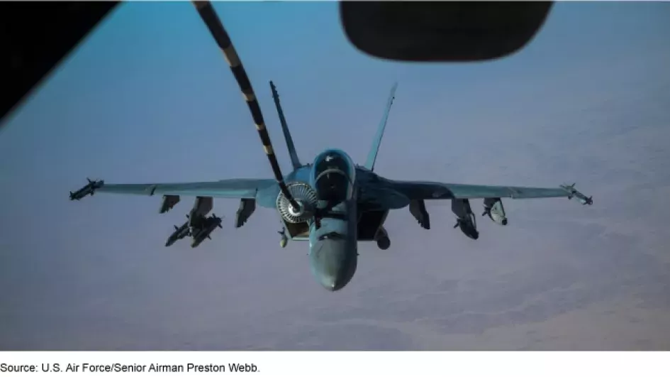 Photo of an U.S. Air Force plane being refueled during flight