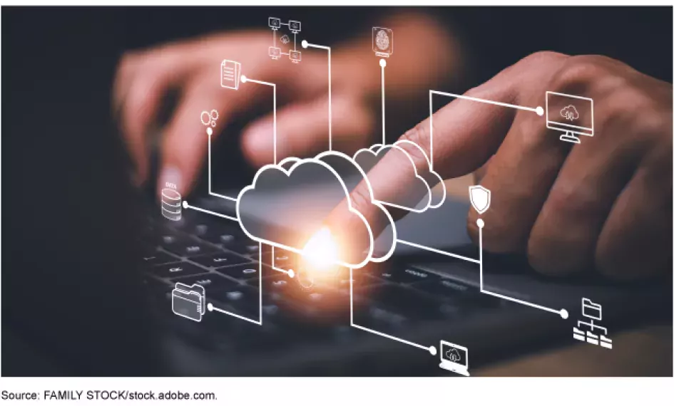 Photo of hands on a laptop computer keyboard with cartoonish icons surrounding it of different systems like a cloud, email, file, screen, documents