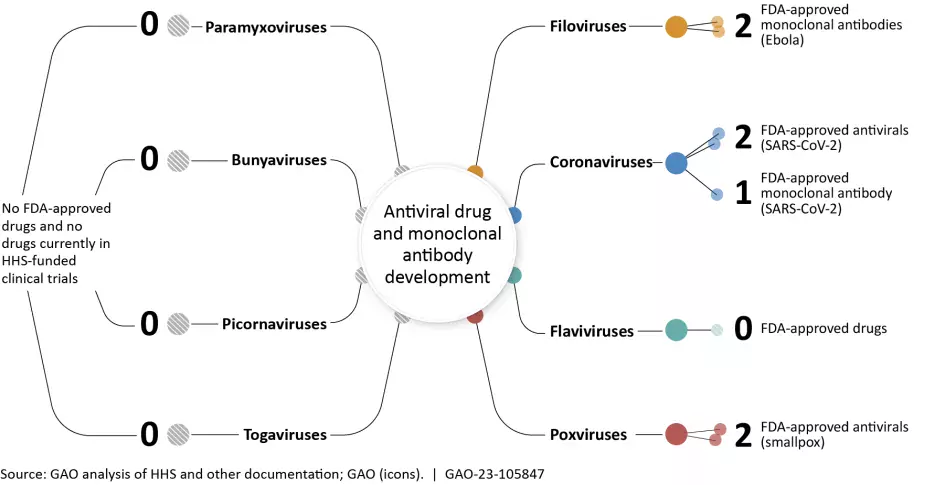 Graphic showing the status of antiviral drug efforts for the 7 viral families. 