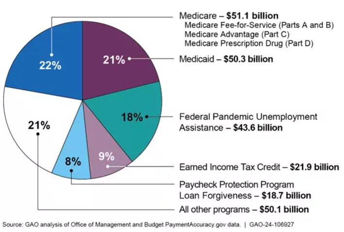 Pie chart showing where improper payments were made --Medicare, Medicaid, the Paycheck Protection Program, and federal Pandemic Unemployment comprised about 20% each. All other programs were under 20% total.