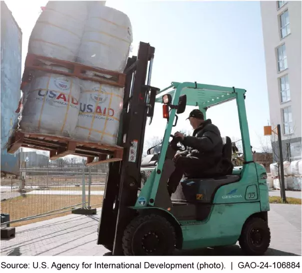 Photo showing a warehouse power lift vehicle loading heavy packages labeled USAID.