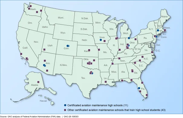 A map of the United States of America, showing where there are certified schools that train high school students in aviation maintenance.