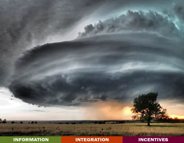 photo of a funnel cloud with the words "information", "integration", and "incentives" written at the bottom. 