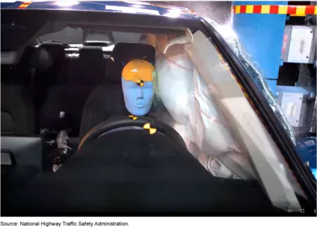 Photo showing a crash dummy behind the steering wheel of a car with the side air bag filled.